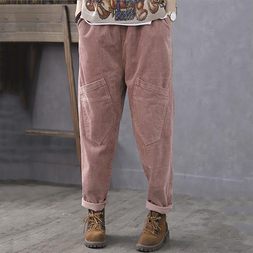 

vintage elastic waist corduroy women capris plus size solid harem loose casual trousers female pantalon turnip, Black;white
