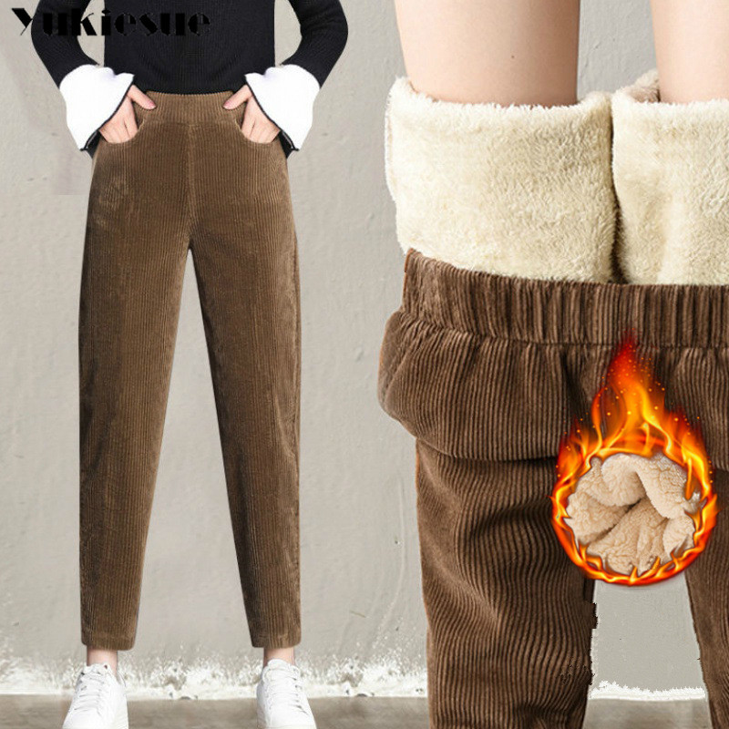 

Plush thick casual pants women' corduroy warm autumn and winter high waist harem trousers women pantalones 210518, Gray