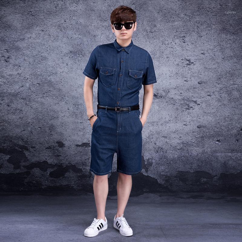 

Men' Shorts Siamese Denim Jumpsuit Suit Tide Wear Short Sleeve Summer Mens, Blue