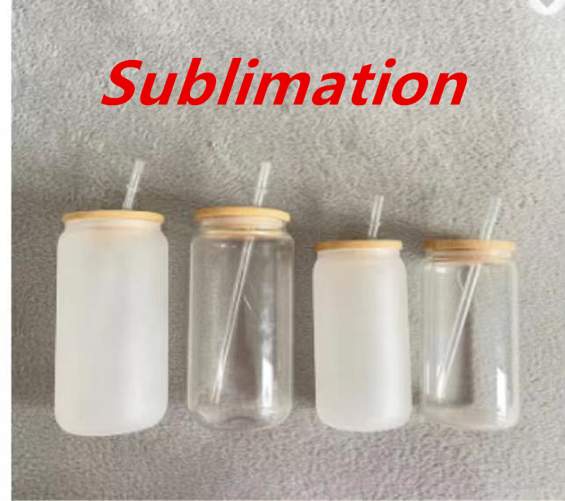 

16oz Sublimation Clear Frosted Beer Glasses With Lids&Glass Straws 500ml White Blank Water Bottles DIY Heat Transfer Wine Tumblers A12