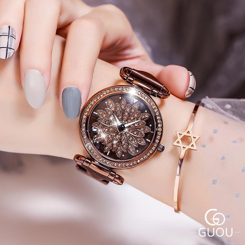 

Wristwatches SaleWomen's Fashion Rotating Round Full Zircon Stone Flower Pattern Beautiful Dial Leather Watchband Quarz Watch G6020, Black