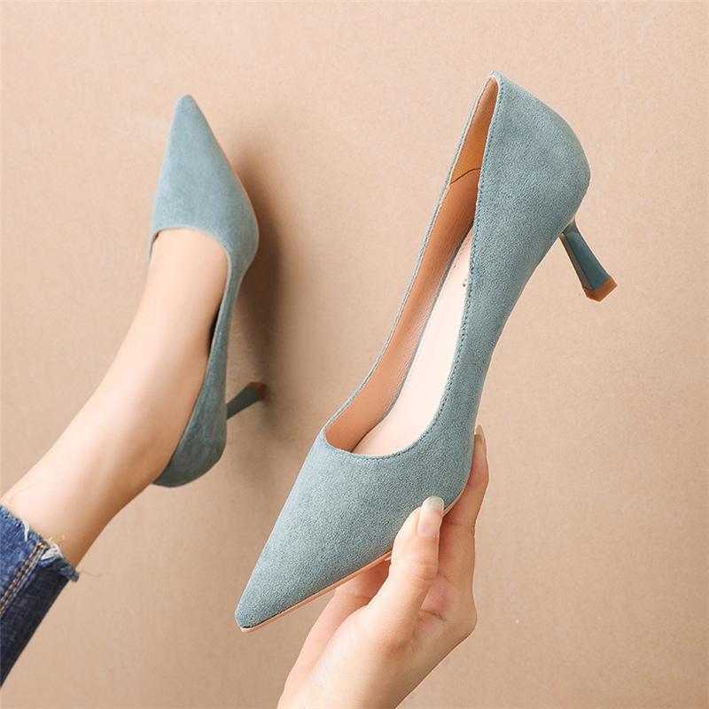 

Luxury Women Medium 6cm High Heels Flock Pumps Stiletto Office Ladies Suede Blue Nude Low Party Wedding Female Shoes Dress, Black