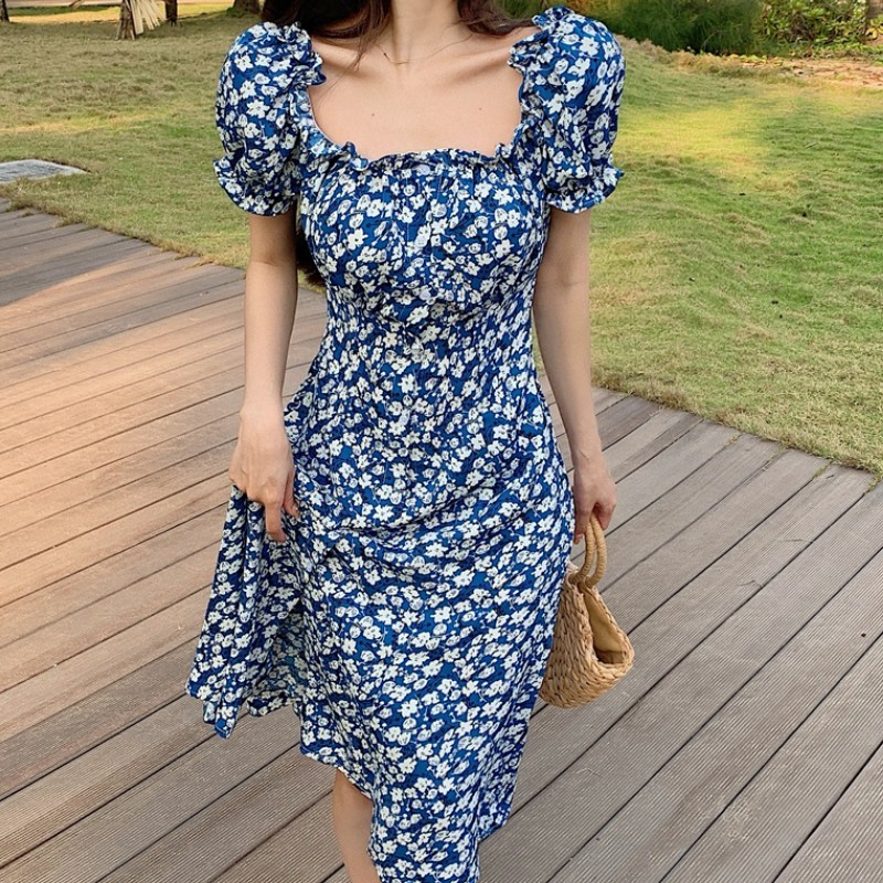 

France Fashion Women Chiffon Midi dress Retro Blue Floral Print Sexy Split Dress Vestidos Elegant Femme 210518, Photo color