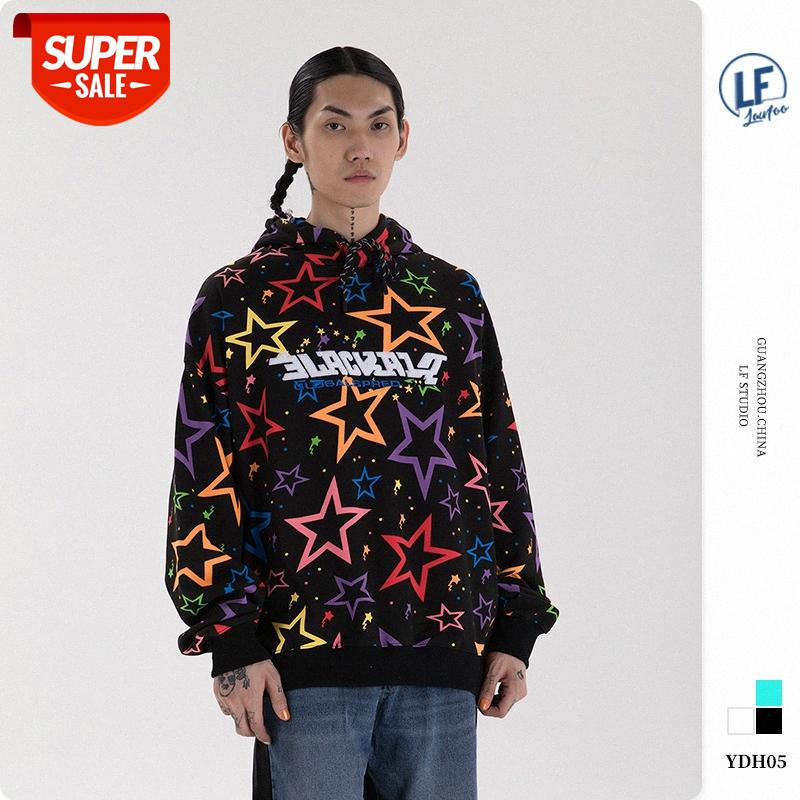 

LawFoo men's star embroidery print loose hooded sweatshirt #UM1f, Black