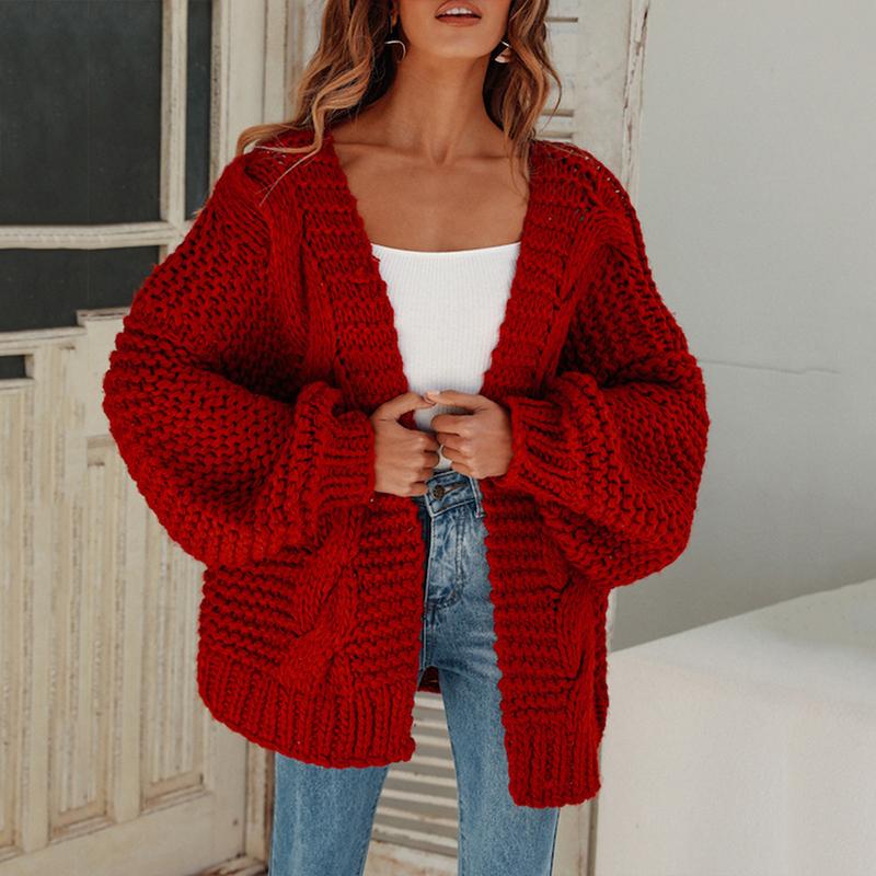 

Women' Knits & Tees 2021 High Street Khaki Oversized Cardigans Women Lantern Sleeve Knitted Overcoats Ladies Solid Bohemian Sweaters Cardig, Gray