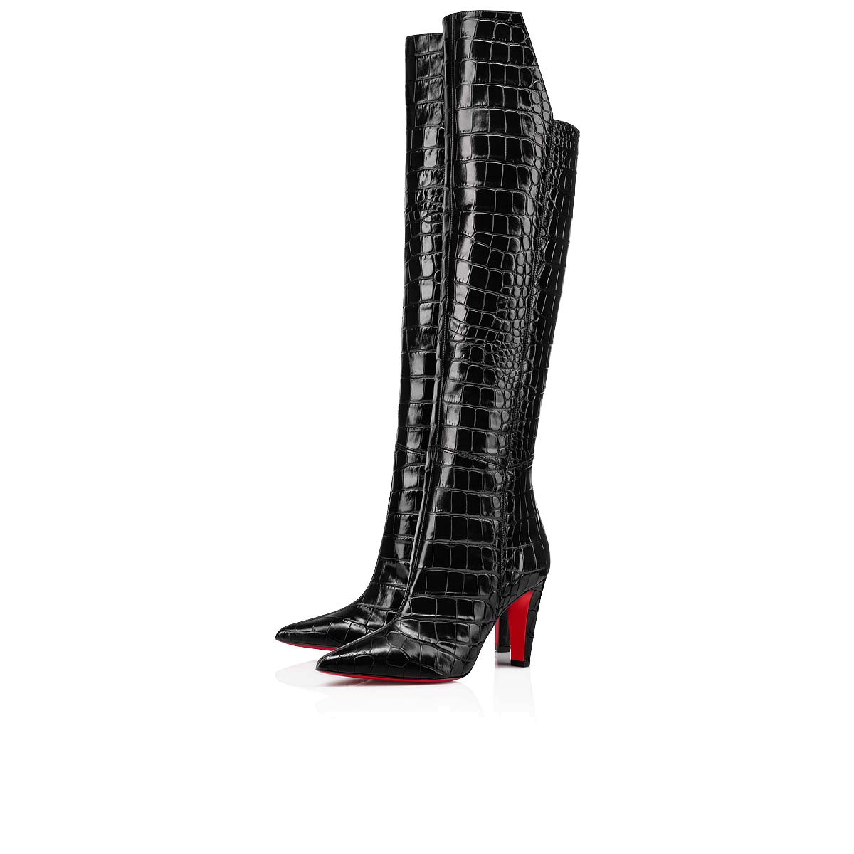 

Women black long boots Paris designer knee over boot red bottom high heel Slimini Botta with pointed cuban heels brand reds soles shoes
