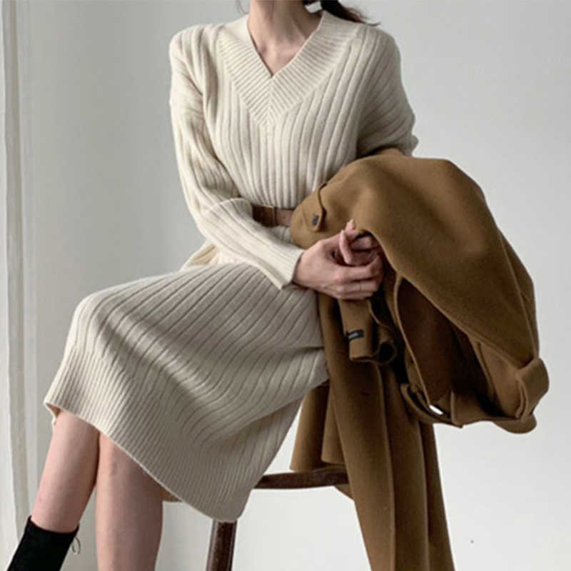 

LY VAREY LIN Spring Women Casual High Waist Slim Midi Long Dress with Belt Elegant V-neck Sleeve Solid Knitting 210526, Beige