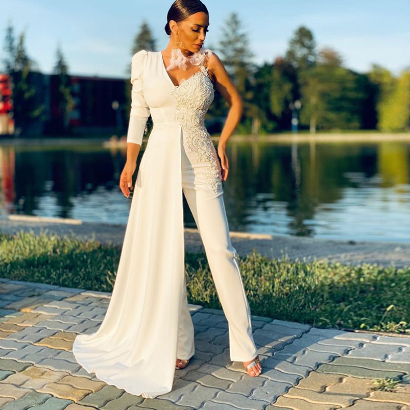 

Customized V Neck Long Sleeves Jumpsuits Evening Dresses Appliques Satin Formal Prom Gowns with Pants Vestidos De Novia, Gold