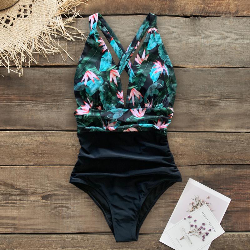 

One-Piece Suits Green In The Forest Swimsuit Women Deep V Neck Back Cutout Ruffle Monokini 2021 Summer Bathing Suit Swimwear