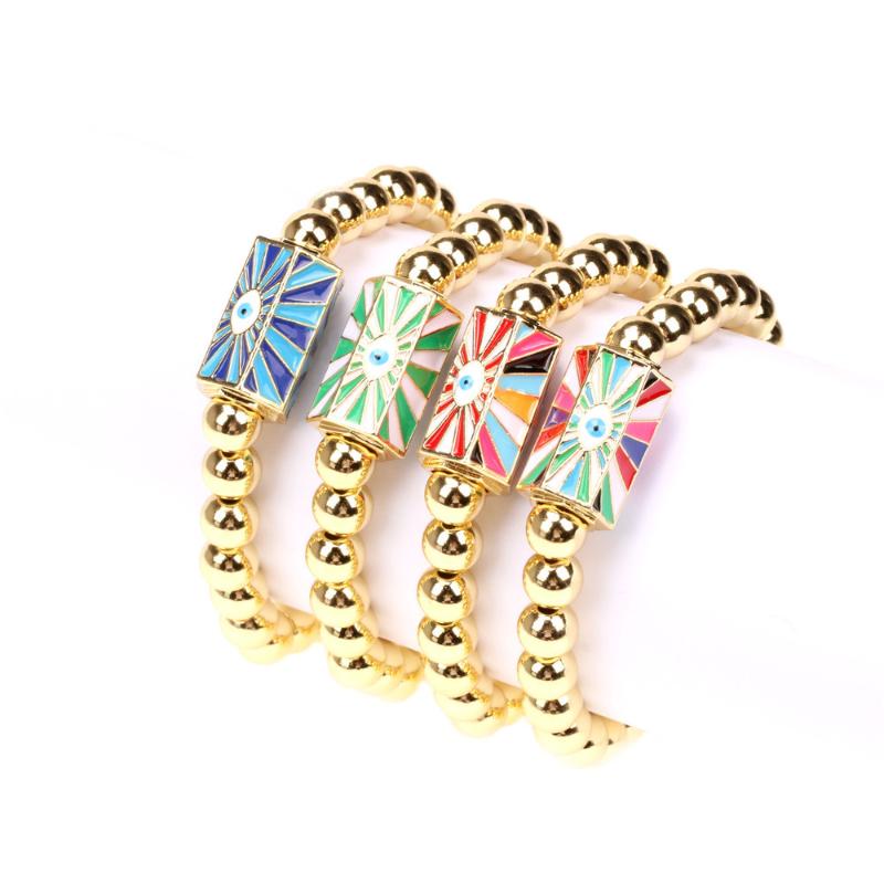 Charm Bracelets Copper Gold Plated Bead Chain Blue & Green Mix Color Enamel Geometric Bracelet Starburst Evil Eye Pendant Jewelry Gift