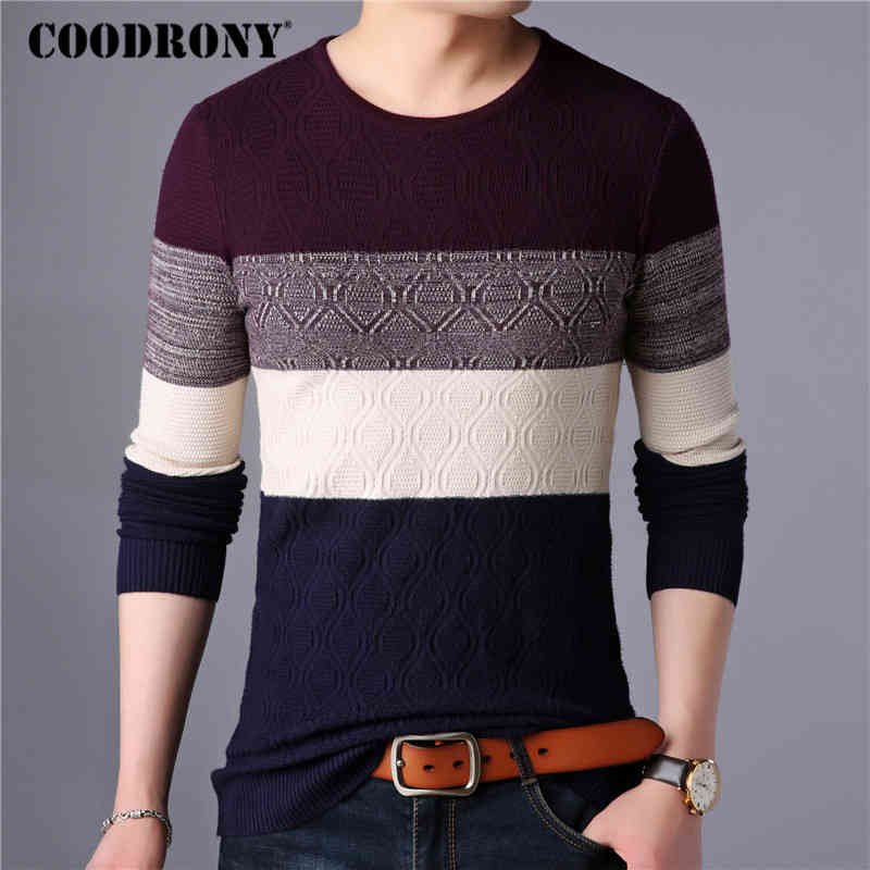 

coodrony sweater streetwear fashion striped knitwear autumn winter cotton wool pullover men slim fit o-neck pull homme 91028, Black