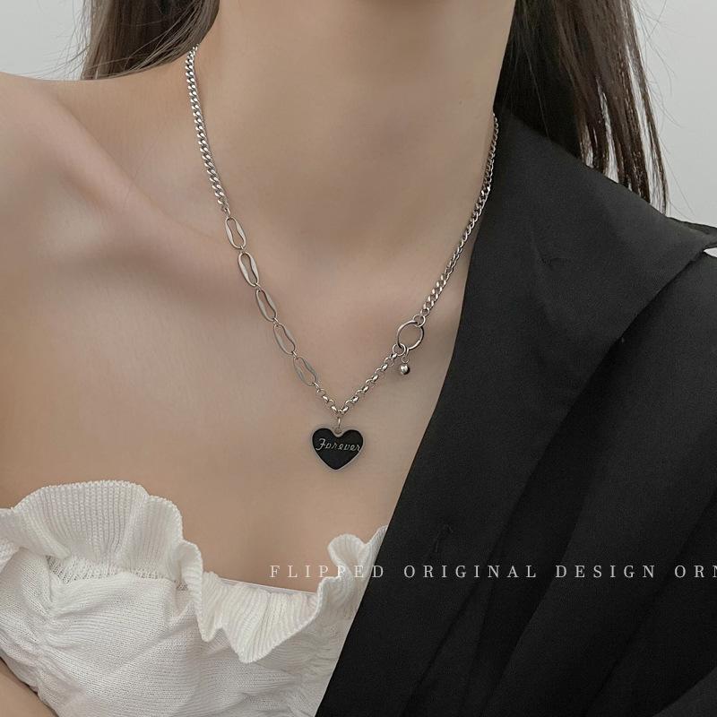 

Chains Black Love Letter Pendant Necklace Female Trendy Titanium Steel Colorless Hip Hop Sweater Clavicle Chain, Silver