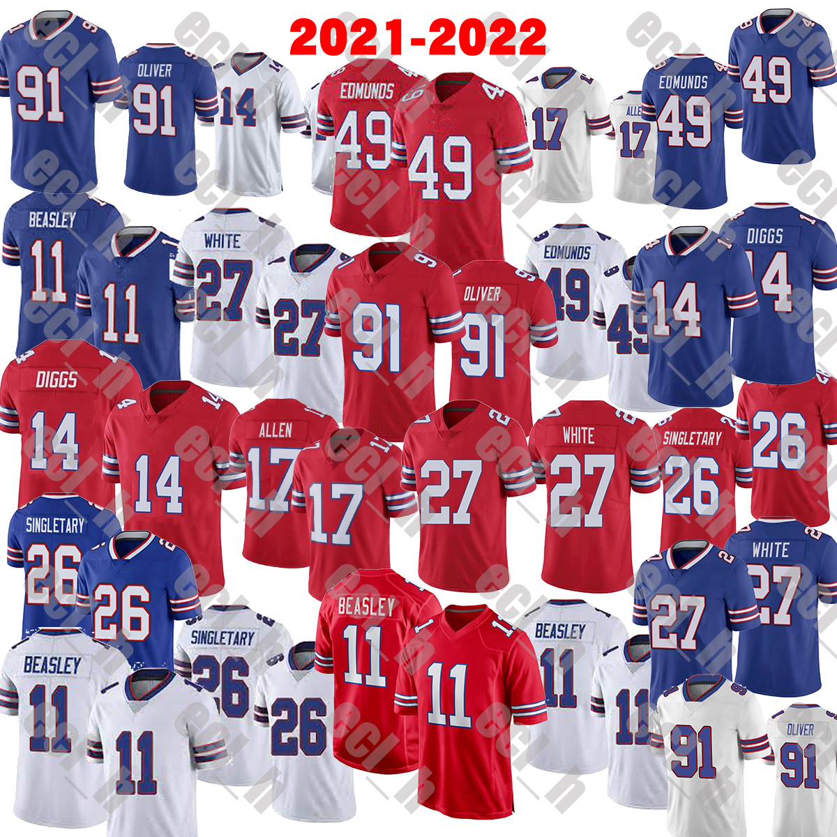 

2021-2022 High quality Stitched Football jerseys 11 Cole Beasley 14 Stefon Diggs 17 Josh Allen 26 devin Singletary 27 tre'davious white 49 tremaine edmunds 91 ed oliver, As
