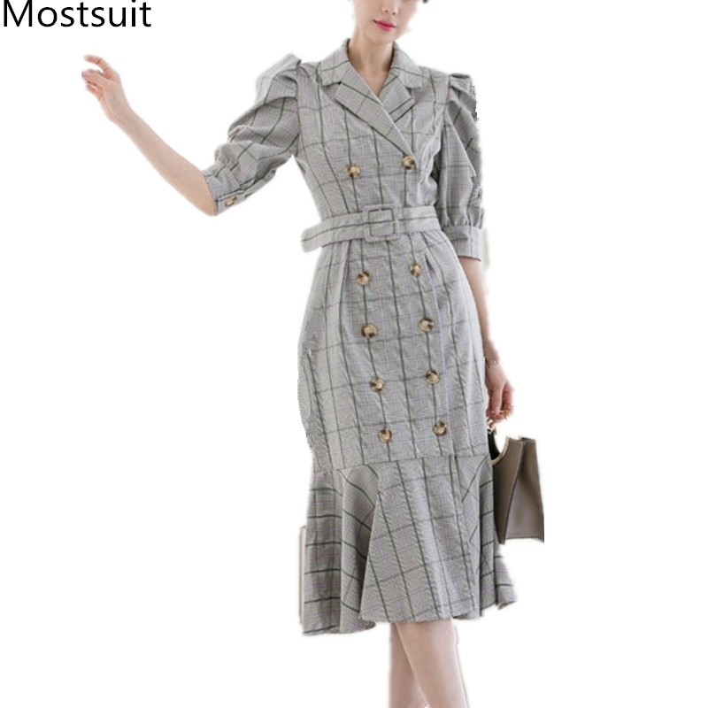 

Summer Korean Plaid Double-breasted Long Mermaid Dress Women Short Sleeve Notched Collar Sashes Ol Style Vintage Vestidos 210518, Picture color