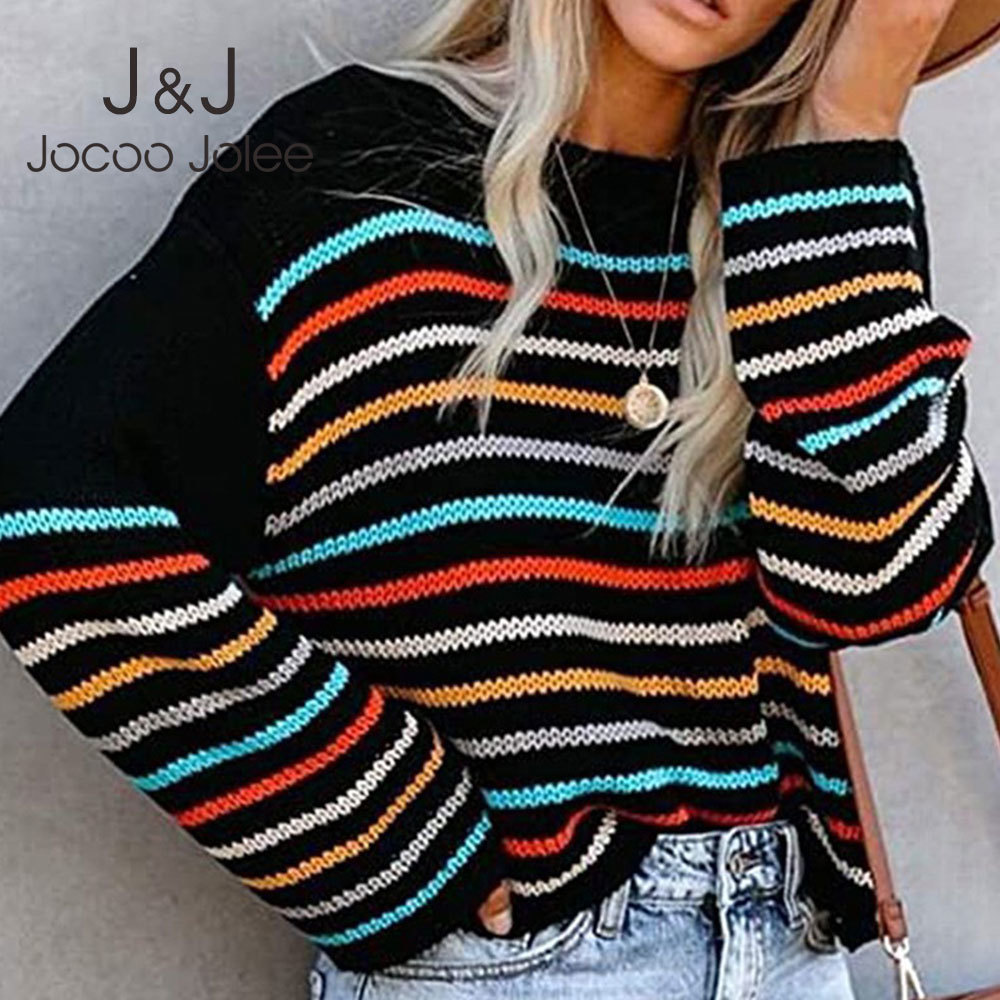 

Jocoo Jolee Casual Long Sleeve Loose Pullovers Elegant Colorful Striped Knitted Sweater Slash Neck Knit Cropped Tops 210518, As photo
