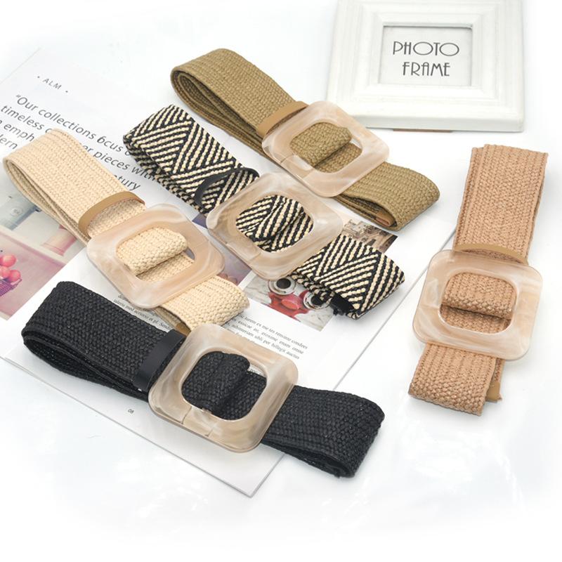 

Belts 1pc Summer Women Braided Elastic Belt Buckle Vintage Bohe Straw Knitted Dress 4styles, Black;brown