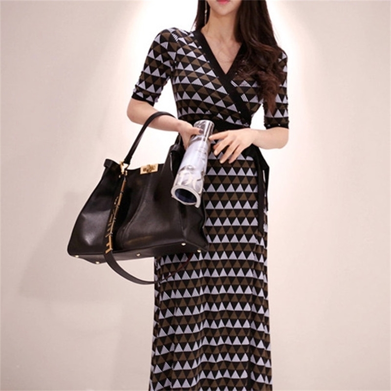 

HIGH QUALITY Spring Vintage Slim Sashes High Waist Geometry Print Cloth Women Maxi Long Ankle-Length Casual Dress 210603, Picture color