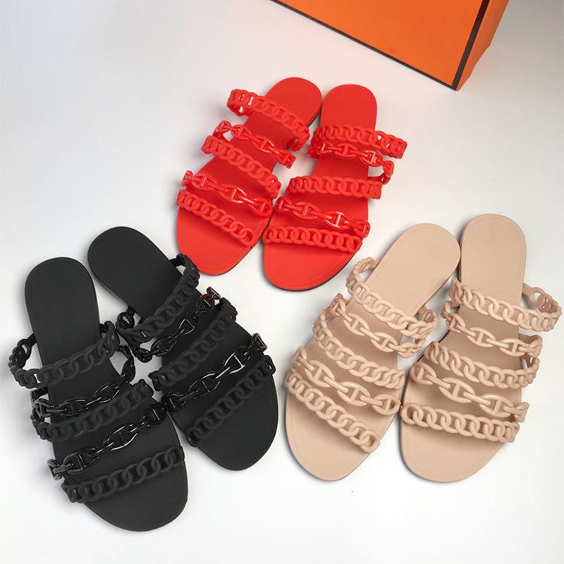 

Slippers Womens Chains Cut Out Flat Jelly Summer Casual Beach Slides Shoes H2, Black