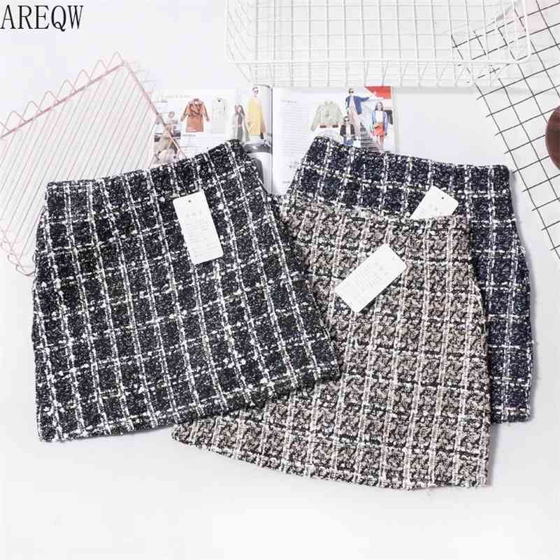 

New Tweed Skirt Spring Autumn Clothing for women Korean Elegant Plaid Cute Bottoms for Ladies A Line Short Mini Skirts 210323, Black