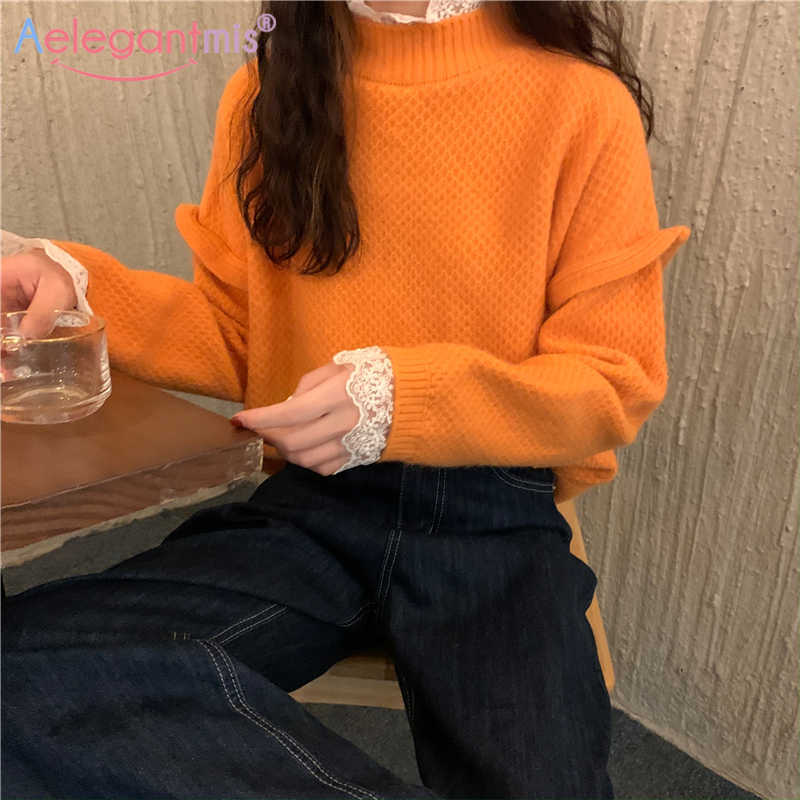 

Aelegantmis Vintage Lace Patchwork Knitted Pullover Women Loose Sweet Korean Chic Sweater Kawaii Casual 4 Colors Jumpers Female 210607, Blue