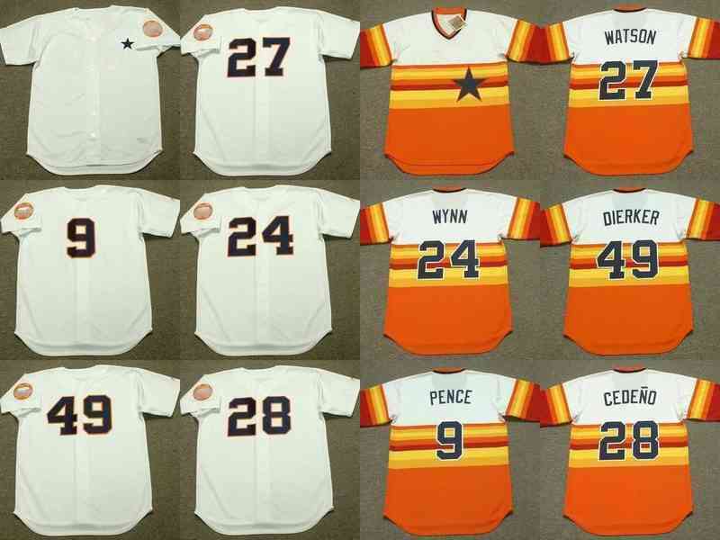 

Houston 9 HUNTER PENCE 24 JIMMY WYNN 27 BOB WATSON 28 CESAR CEDENO 49 LARRY DIERKER Jersey 1960's men youth women