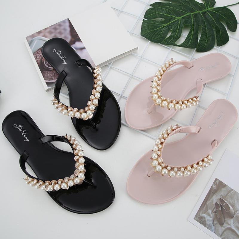 

Slippers 2021 Breathable Comfort Shopping Ladies Walking Women Beach Flip Flops Sandals Pearl Fashion Flats Shoes#520, Black