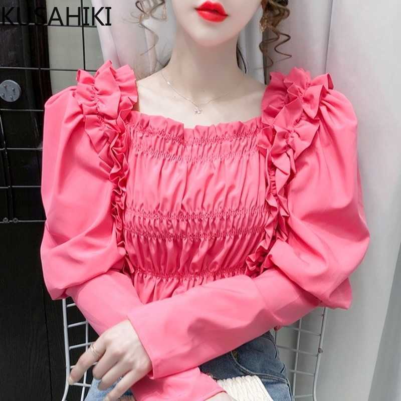 

Korean Pleated Stretch Slim Short Blouse Puff Sleeve Square Collar Shirt Spring Ruffle Sweet Blusas Top 6E603 210603, White