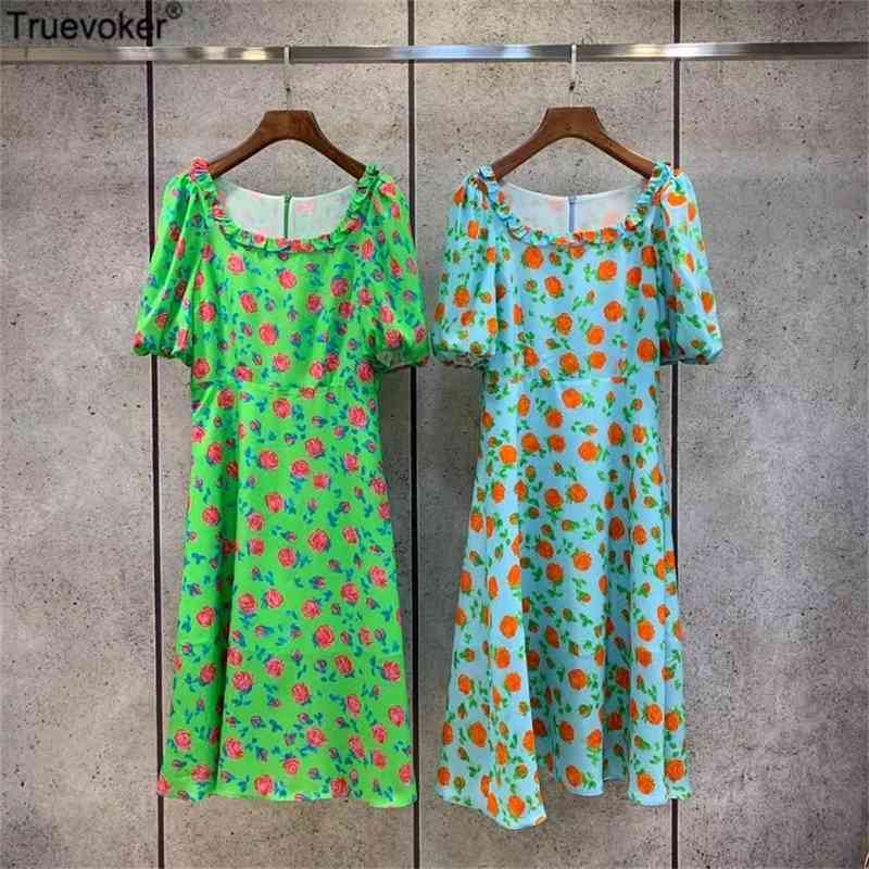 

Truevoker Summer Runway Fashion Silk Holiday Dres Short Sleeve Square Collar Print Mujer Festa Vestido 210602, Green