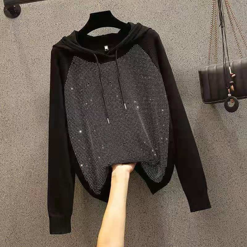 

Women's T-Shirt Arrival Spring/summer Korean Style Women Long Sleeve Hooded T Shirt All-matched Cotton Diamonds Design T-shirt W25, Black