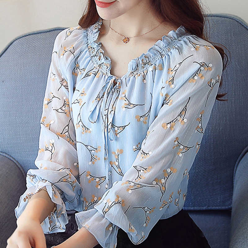 

Long Sleeve Ruffles V-Neclk Print Chiffon Blouse Shirt Women Tops Blouse Women Blusas Mujer De Moda Women Clothing E529 210602, White
