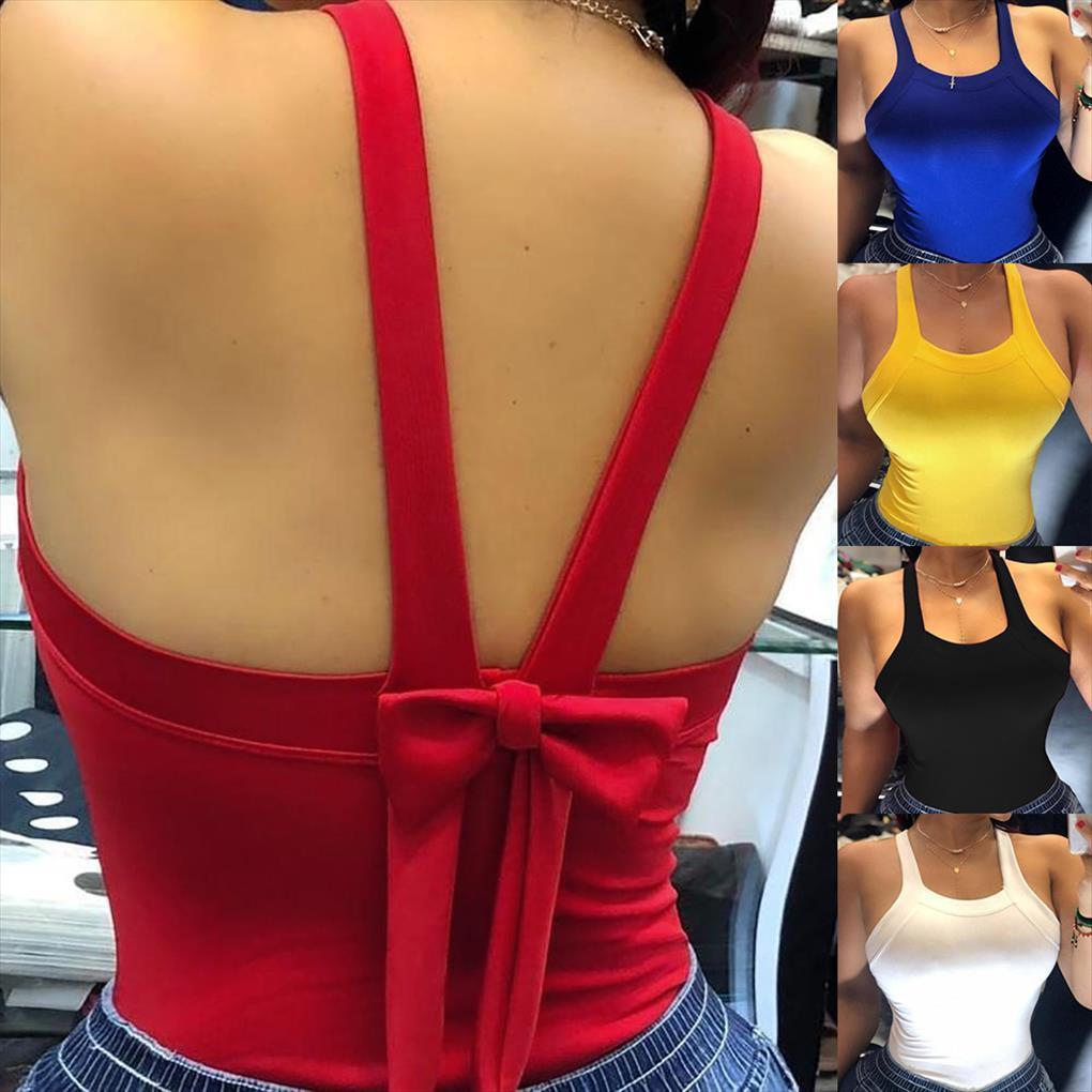 

solid color camisole summer women tank fashionable back bow decoration slim sleeveless vest for dating vacation, White