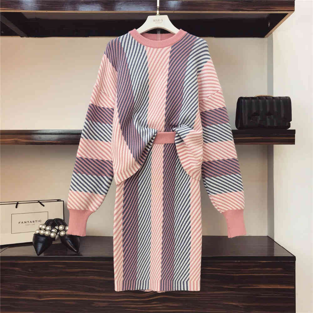 

HIGH QUALITY Women Set Spring Knit Sweater Pullovers+ Skirt Set 2 Pieces Causal Suits Ladies Irregular Striped Knitted Suit 201012, Picture color