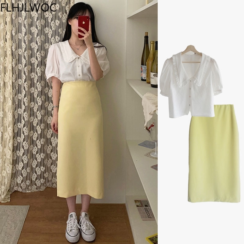 

Skirts Summer Cute Sweet Chic Korea Design Fashion Clothes Women Solid Color Yellow Black High Waist Long P6FL, Black skirt