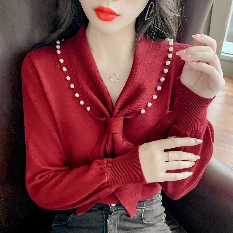 

Women's Sweaters Beading Sweet Sweater Jumper Girls Korean Style Pullover Base Knitted Top Female Long Puff Sleeve Knitwear Winter, White;black
