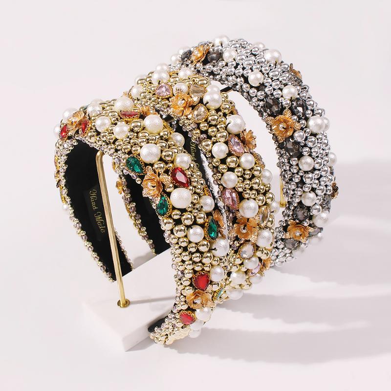 

Baroque Simulated Pearl Beads Hairbands Hair Accessories Gold Flower Crown Headbands For Women Colorful Drill Hoop Headwear Clips & Barrette