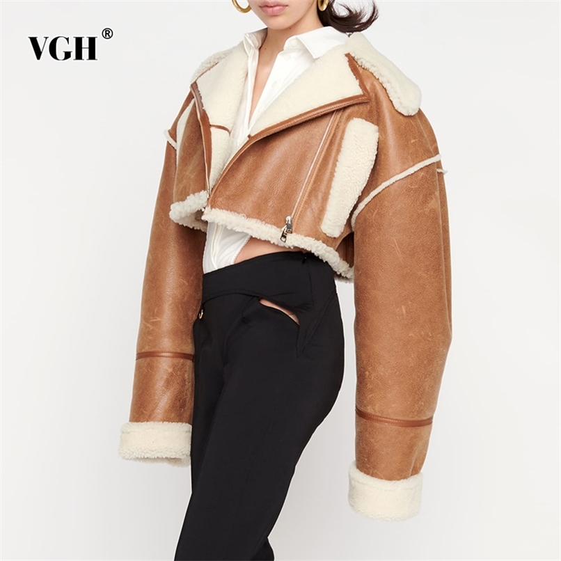 

VGH Korean Fashion Patchwork PU Leather Colorblock Jacket For Women Lapel Collar Long Sleeve Zipper Coats Female Winter Clothing 211109, Apricot