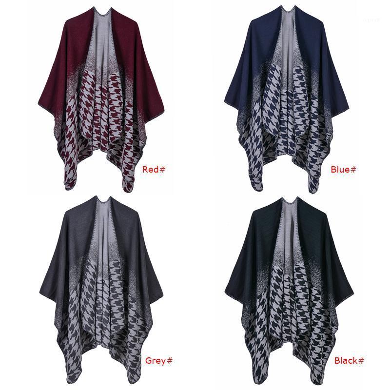 

Scarves 2021 Fashion Women Poncho Scarf Cardigan Houndstooth Pattern Vintage Warm Cape Shawl Long Female Pashmina Outwear, Blue;gray