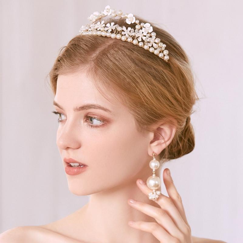 

Hair Clips & Barrettes Pearls Tiara Flower Wedding Crown With Earrings Gold Color Bridal Hairband Women Prom Hairpiece, Golden;silver