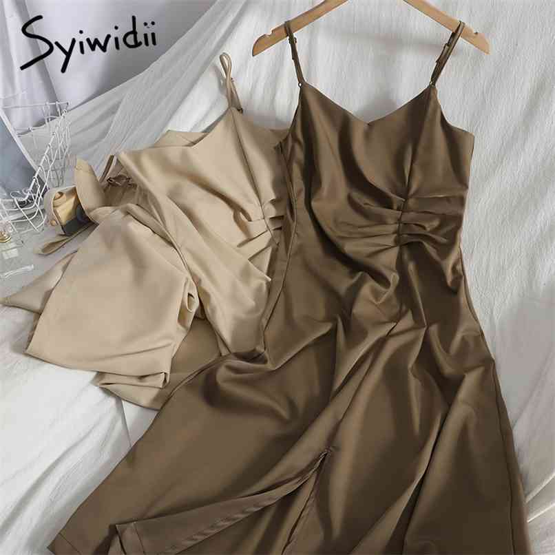 

Folds Slit High Waist Camis Dresses Women Zipper V-Neck Sleeveless A-line Solid Summer Korean Fashion Clothing 210607, Beige
