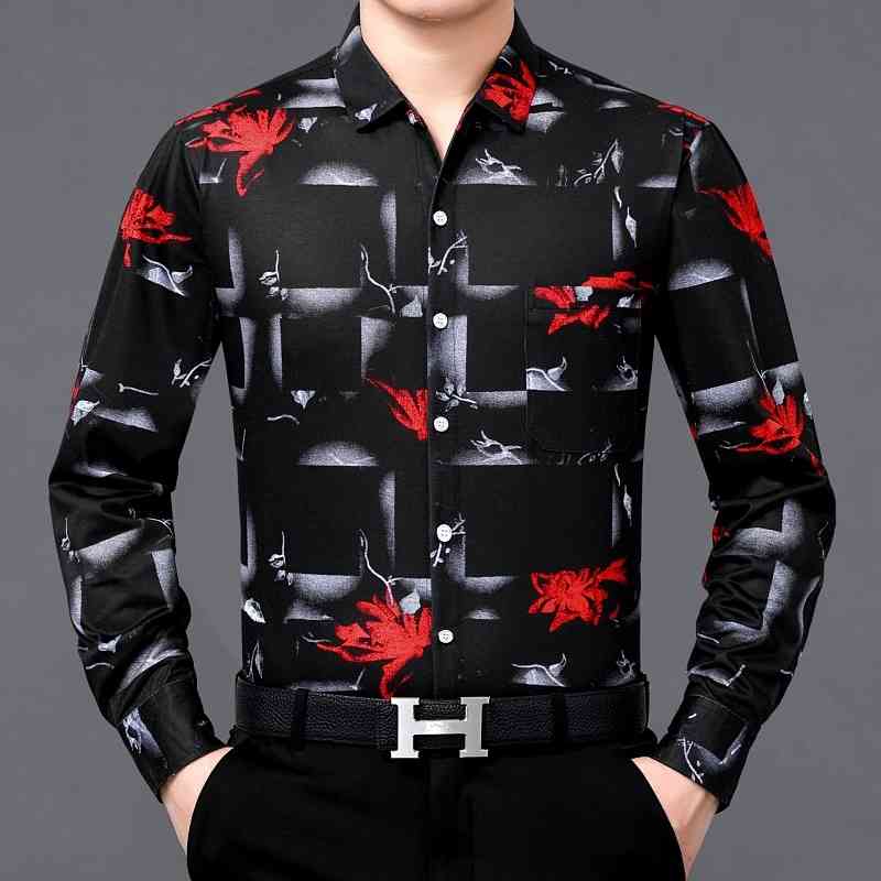

Summer men's long sleeve shirt 2021 new middle-aged business loose Large Print Shirt Men's Fashion Top thin, White;black