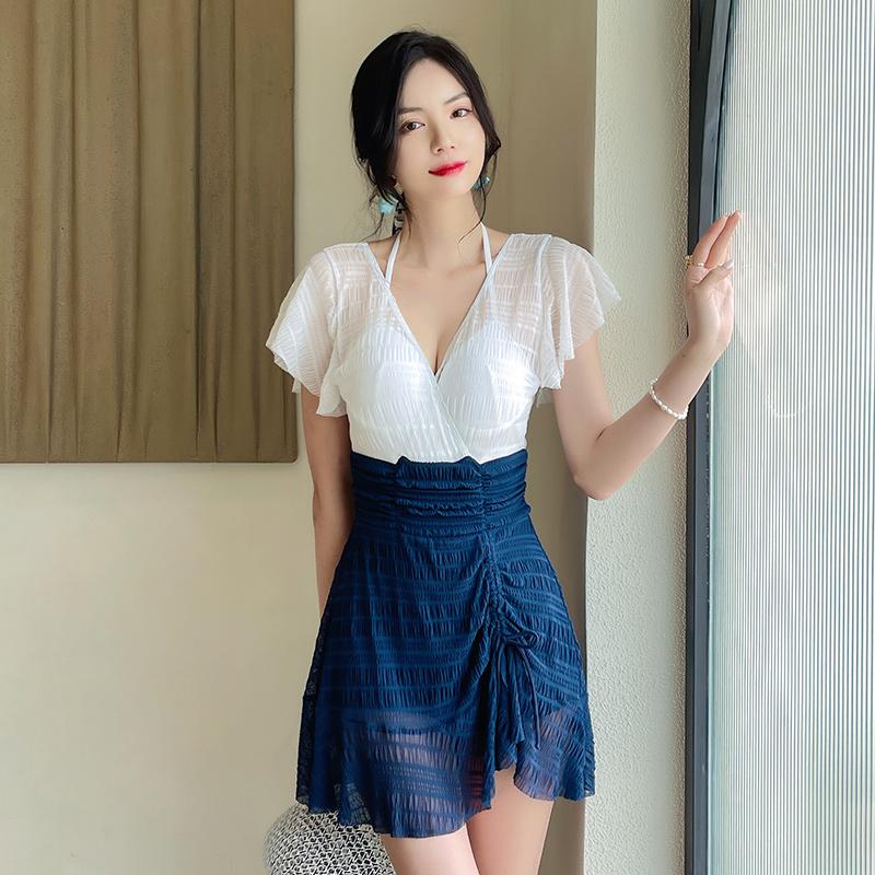 

Women's Swimwear 2021 Asia Japan And South Korea Mix Color One Piece Swimsuit Women V-Neck Backless Spring Young Girl Sexy Skirt, Blue