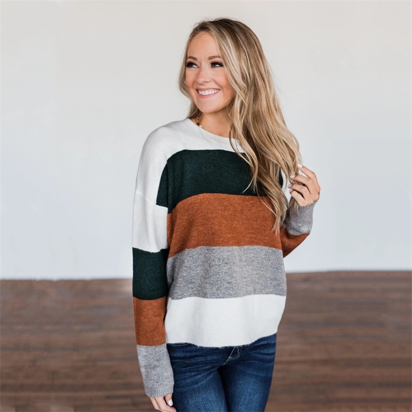 

Loose Knitted Sweater Women Jumpers Long Sleeve Woman Pullovers s Casual Autumn Winter Striped Femme 210517, Photo color