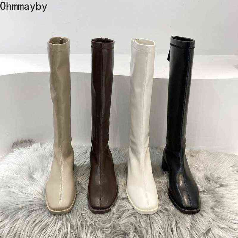 

2021 Women Knee-High Leather Boots With Wide Calf Zipper Fashion Square Toe Blakc Female Sexy Long Boots Winter Women's Shoes Y1125, Brown