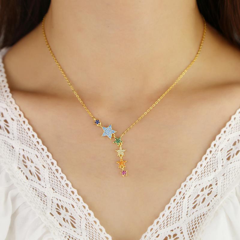 

Pendant Necklaces Gold Filled Women Fashion Jewelry Micro Pave Colorful Cz Lucky Rainbow Star Link Chain Sexy Multi Layer Choker Charm