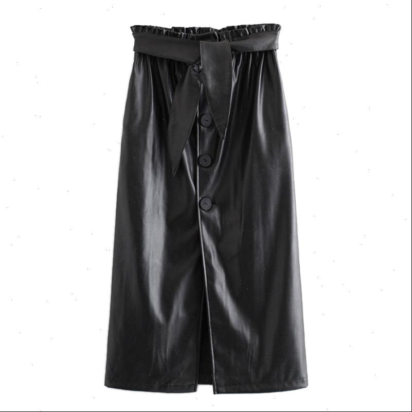

Womens Skirts Women Chic Pu Leather Waist Bow Tie Sashes Pockets Black Casual Fashion Elastic Skirt FFZBQ97