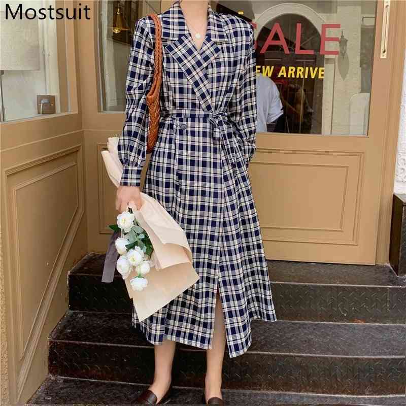 

Korean Vintage Plaid Long Suit Dress Autumn Women Sleeve Notched Collar OL Style Belted Dresses Elegant Ladies Vestido 210518, Black