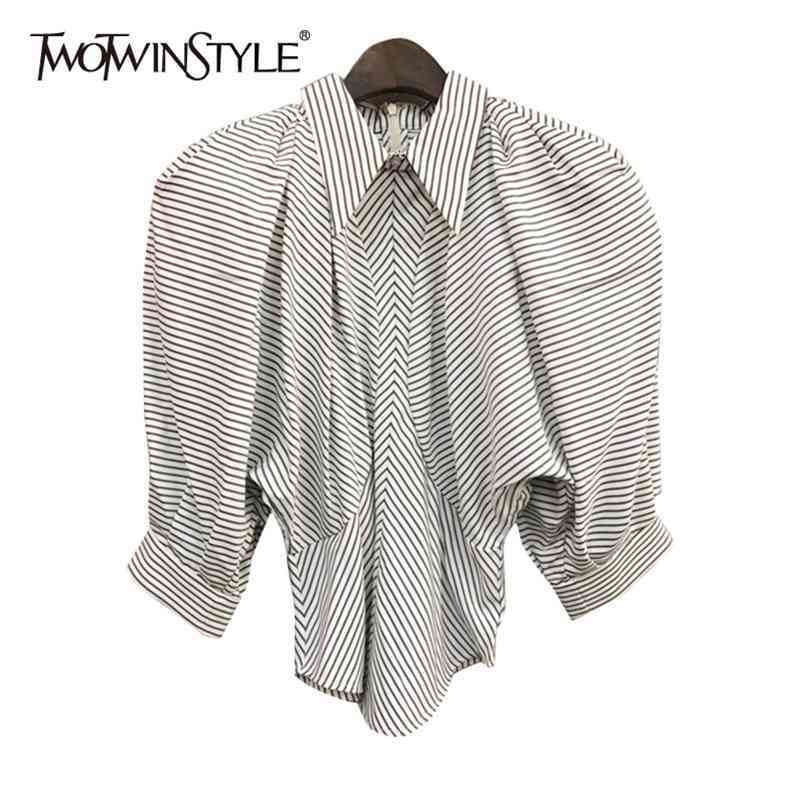 

Striped Shoulder Pad Shirt For Women Lapel Long Sleeve Hit Color Casual Loose Blouse Female Fashion Clothes 210524