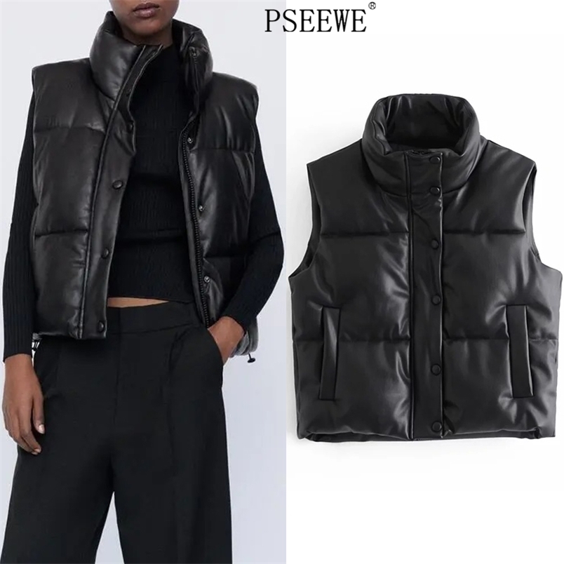 

Faux Leather Black Padded Women Vest Sleeveless Jacket Woman Winter Short Warm Fashion Female Waistcoats 210519