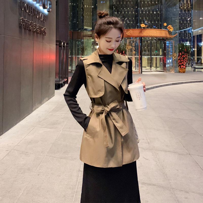 

Women' Vests Olomm Windbreaker Women Middle Long Fashion Autumn 2021 British Suit Collar Sleeve Less Loose Small Waist Jacket Vest Gilet, Khaki vest