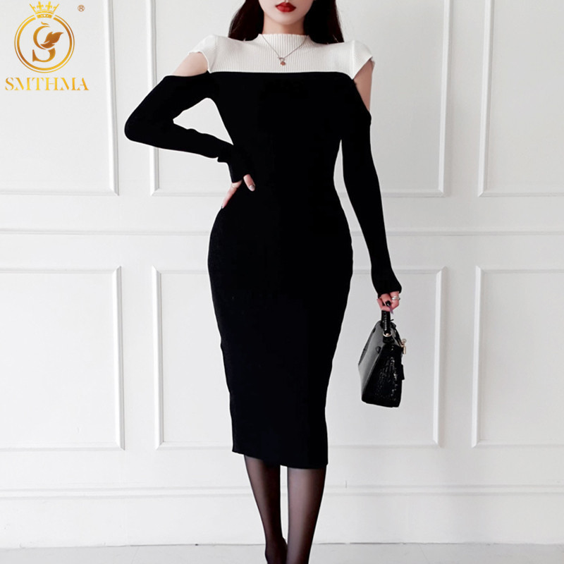 

Winter Korean Chic Style Temperament Slim Mid-Length Patchwork Sweater Dresses Sexy Hollow Out Shoulder Knitted Vestidos 210520, Photo color